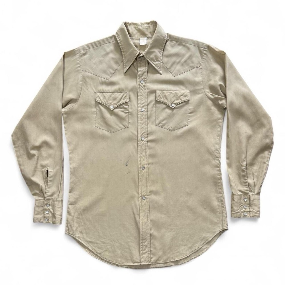 Vintages 70s Tan Khaki Pearl Snap Western Cowboy Point Collar Button Up Shirt XL